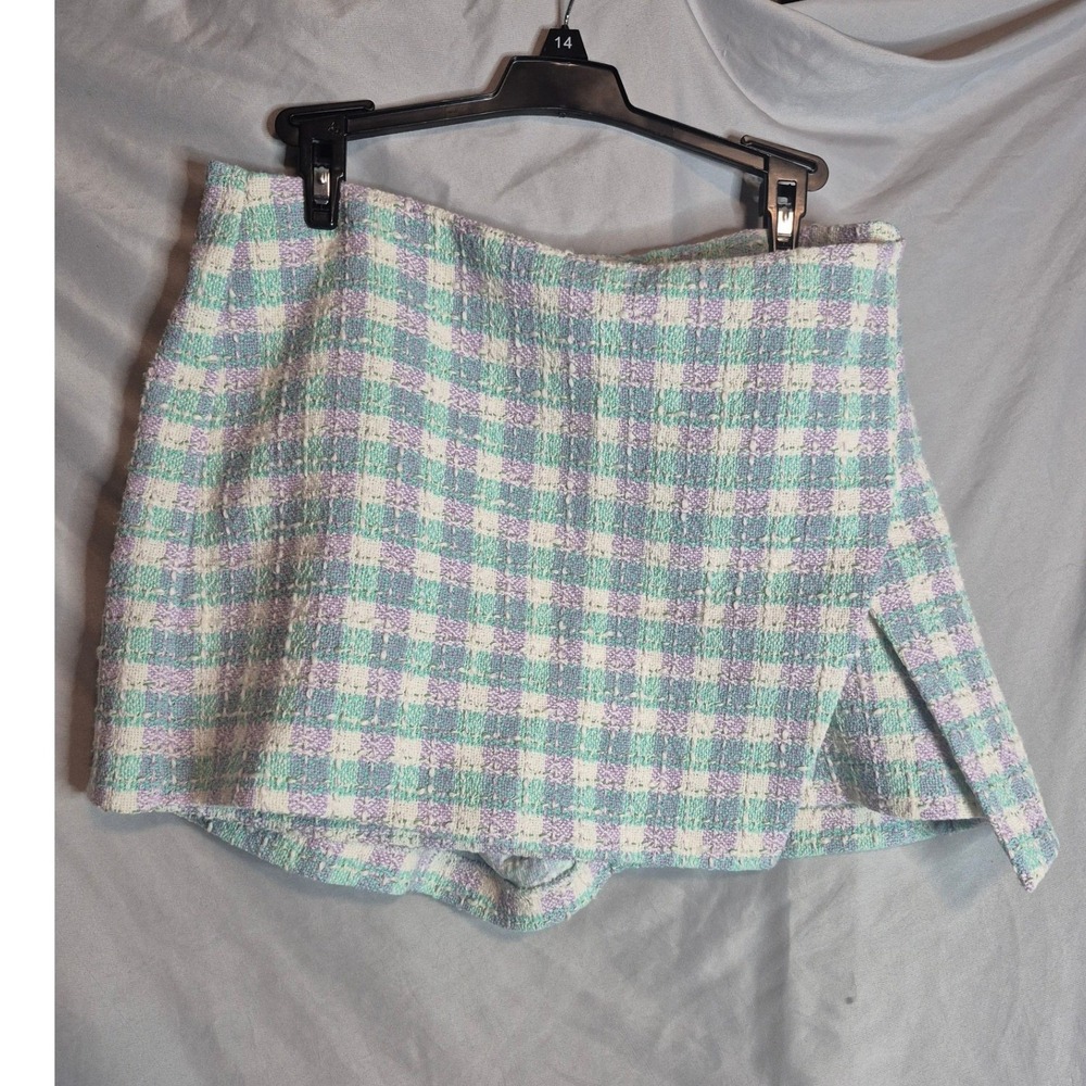 Zara Womens Skort Shorts Plaid Pastel Colors Mini L Size